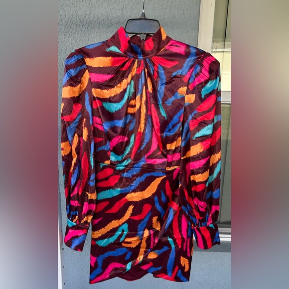 L’Atiste By Amy Colorful Long Sleeve Open Back Faux Wrap Dress Size L - Picture 2 of 8